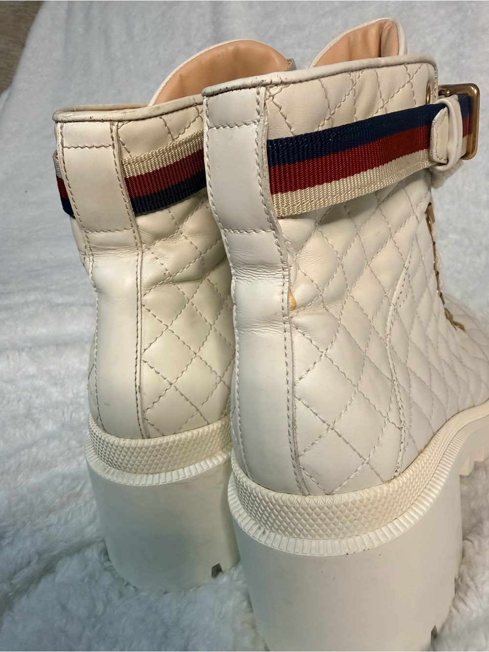 Gucci White Quilted Lace-Up Platform Ankle Boots with Red and Blue Stripe - Picture 6 of 16